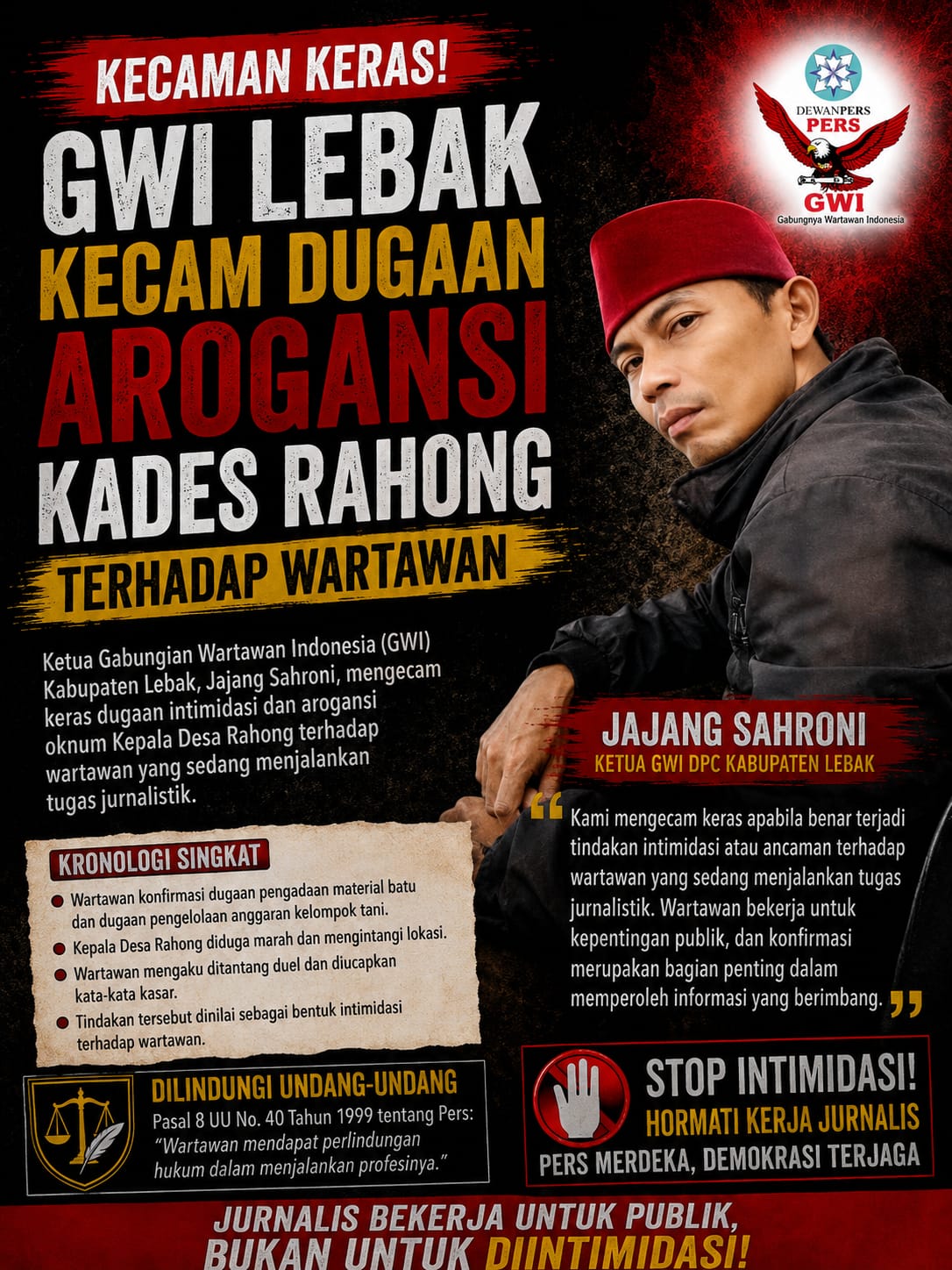 GWI Lebak Kecam Dugaan Arogansi Kades Rahong terhadap Wartawan, Jajang Sahroni: Jangan Intimidasi Jurnalis